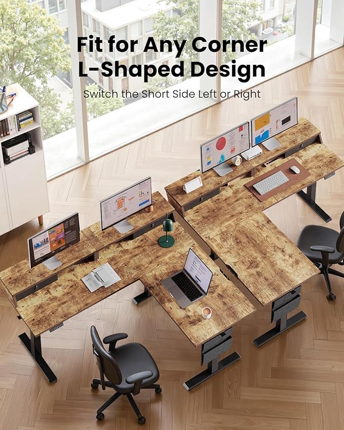 ErGear L Shaped Electric Standing Desk, 63" Ergonomic Corner Height Adjustable Desk with Drawers, Sit Stand Computer Table with Storage for Work Office Home, Vintage Brown