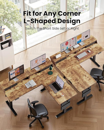 ErGear L Shaped Electric Standing Desk, 63" Ergonomic Corner Height Adjustable Desk with Drawers, Sit Stand Computer Table with Storage for Work Office Home, Vintage Brown