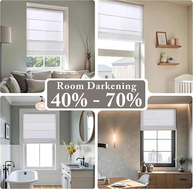 Madison Park Galen Matte White Cordless Roman Shades - Fabric Privacy Single Panel Darkening, Energy Efficient, Thermal Insulated Window Blind Treatment, for Home, Living Room Decor, 31" W x 64" H