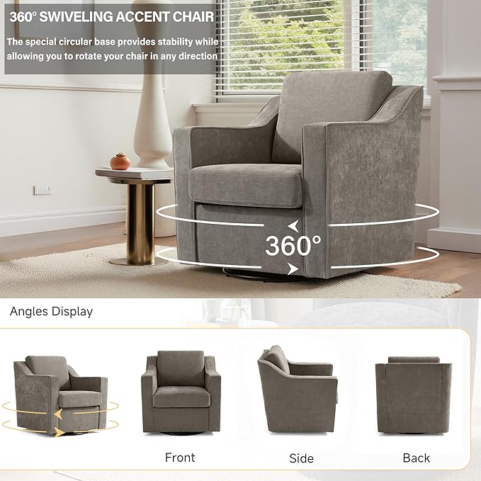 UIXE Swivel Accent Chairs Set of 2, Chenille Upholstered Arm Chair for Living Room, Modern Club Armchair Comfy Single Sofa Bedroom Reading Seat with Lumbar Pillow - Sand