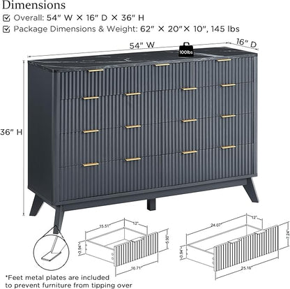 T4TREAM Fluted 9 Drawers Dresser, 54" Wide Modern Chest of Drawers with Faux Marble Top, Curved Profile Design, Dresser TV Stand, Wood Drawer Organizer for Bedroom, Living Room, Hallway, Dark Grey