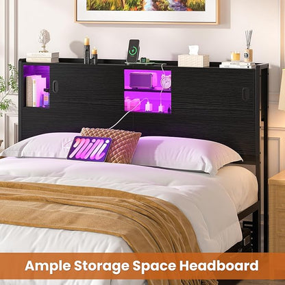 Homieasy Headboard for Queen Size Bed with Storage, Sturdy Bookcase Headboards with Outlet, USB & LED Light, Queen Size Headboard Only, Head Board with Sliding Doors & Bed Adapter for Bedroom, Black