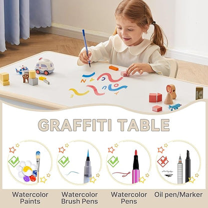 Kids Study Table and Chairs Set, Height Adjustable Toddler Table and Chair Set for Kids Ages 3-8, 31.5" L x 23.6" W Graffiti Desktop Plastic Children Art Table with 4 Seats