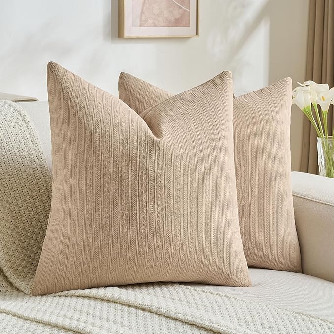 FUTEI Khaki Decorative Throw Pillow Covers 16x16 Inch Set of 2,Soft Cozy Wheat Ear Striped Patterns Cushion Cases,Modern Home Decor for Couch Bed Living Room
