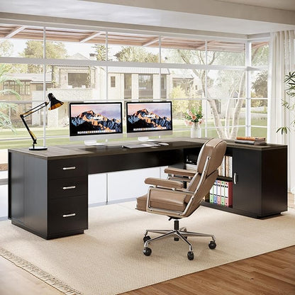 Tribesigns 85.8-Inch L-Shaped Executive Desk with File Drawers, Door Cabinet & Shelves, Extra Large Commercial Office Desk, Modern Professional Office Table Business Furniture, Grey & Black