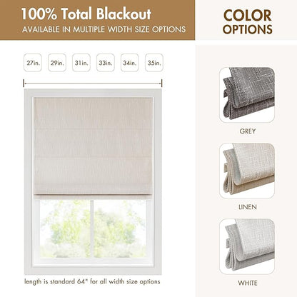 Madison Park Cordless Roman Shades, Total Blackout Window Blind Privacy Window Shades, Thermal Insulated Cordless Window Treatment for Bedroom, Living Room, Quincy, Single Panel 29" W X 64" H Linen