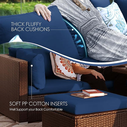 NICESOUL 8 Person Modern Deck Furniture Set, 29.3'' High Back Comfy Outdoor Sectional Sofa Set, Extra Large Wicker Patio Conversation Seating Sets for Terrace, Brown Rattan and Navy Blue Cushion