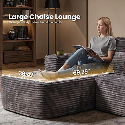Cloud Sectional Couch with Chaise, Boneless U-Shaped Cloud Couch with Deep Seat, Soft Plush Modern Minimalist Sofa, Assembly Free Modular Floor Sofa for Office Living Room Apartment, Grey
