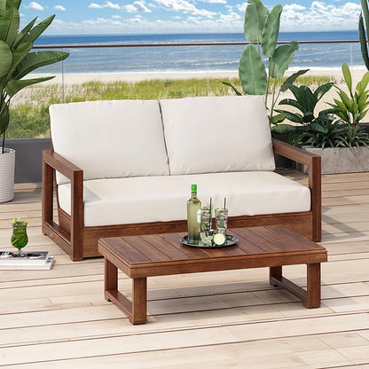 Christopher Knight Home Rammus 2 Pieces Outdoor Conversation Set, Acacia Wood Chat Set, Rectangular Coffee Table and Patio Loveseat Sofa, Slat Design Patio Furniture Set for Garden, Beige + Mocha