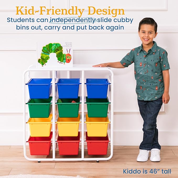 ECR4Kids 4-Tier Storage Rack with 12 Cubby Bins 4x3, Multipurpose Organization, Primary