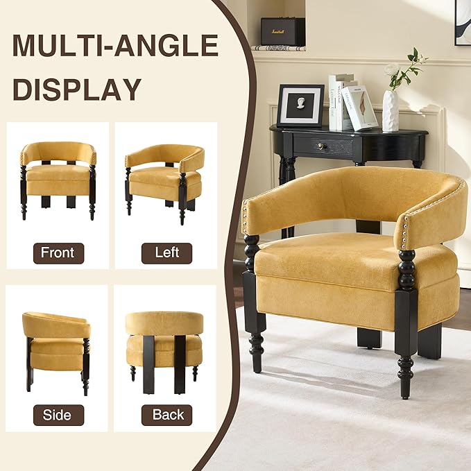 LOULENS Barrel Accent Chairs Set of 2, Vintage Chenille Upholstered Lounge Chair with Solid Wood Legs, Comfy Leisure Side Armchair for Living Room, Bedroom, Reading Nook, Corner, Yellow