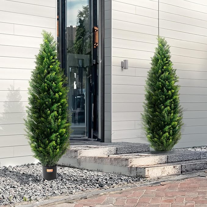 VEVOR Artificial Topiary Cedar Tree, 60 inch Tall (2 Pieces), with Extra Leaves & Pot Faux Evergreen Fake Pine Cypress Trees Plant, UV Rated Artificial Greenery Set for Home Decor Indoor/Outdoor