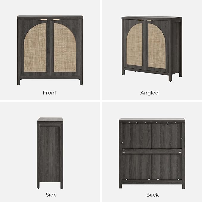 SICOTAS Rattan Sideboard Buffet Cabinet with Storage, Modern Credenza Storage Cabinet with Arch Doors & Adjustable Shelves, Coffee Bar Media Console Cabinets for Kitchen, Living Room, Black Oak