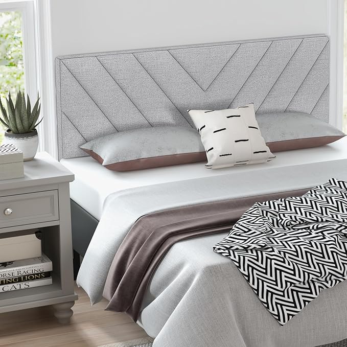 Giantex Linen Upholstered Headboard for Full & Queen Size Bed Frame, Adjustable Width Button Tufted Headboard Only with Solid Rubber Wood Legs, Modern Headboard,Grey