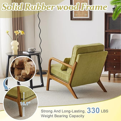 VINGLI Upgraded Premium Corduroy Accent Chairs Set of 2,Upholstered Arm Chair,Solid Wood Comfy Reading Chair with Pillow, Mid Century Modern Chairs for Living Room,Bedroom,Green