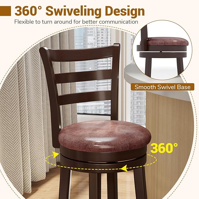 COSTWAY 30” Bar Height Stools Set of 4, Swivel l High-Top Chairs with Backrest & Faux Leather Padded Seat, Rubber Wood Barstools with Footrest for Kitchen, Dining Room, Pub (4,30'')