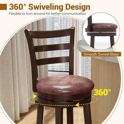 COSTWAY 30” Bar Height Stools Set of 4, Swivel l High-Top Chairs with Backrest & Faux Leather Padded Seat, Rubber Wood Barstools with Footrest for Kitchen, Dining Room, Pub (4,30'')