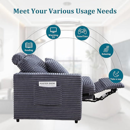 Power Reclining Sectional Sofa, Electric 3 Seat Recliner with 3 Electric Footrest and Adjustable Headrest, Modern Plush Corduroy Fluffy Reclining Sectional with Deep Seat for Living Room-Blue Grey