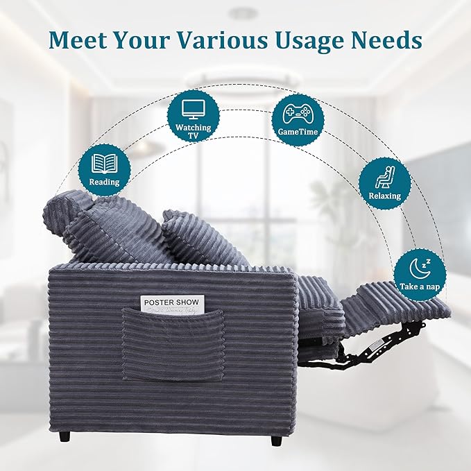Power Reclining Sectional Sofa, Electric Loveseat Recliner with Storage Console and USB Ports, Plush Corduroy Fluffy Reclining Loveseat Couch Adjustable Headrest, 2 Seat Sofa for Living Room-Blue Grey