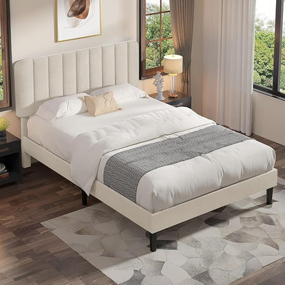 VECELO Queen Size Bed Frame with Upholstered Headboard, Velvet Platform Bedframe Mattress Foundation, Strong Wood Slat Support, No Box Spring Needed,Velvet Beige