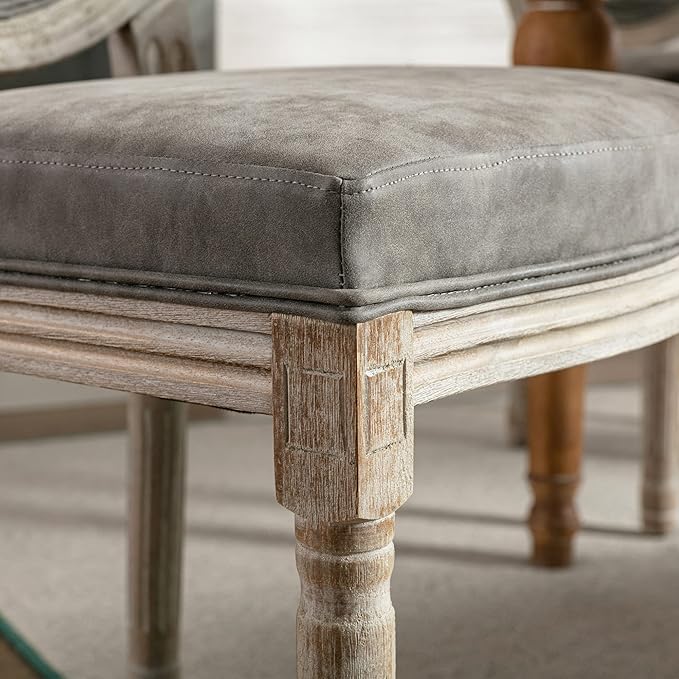 Farmhouse Leather Dining Room Chairs Set of 2 French Dining Chairs with Round Back, Wood Legs, French Bistro Chairs for Dining Room/Living Room/Kitchen/Restaurant, Grey