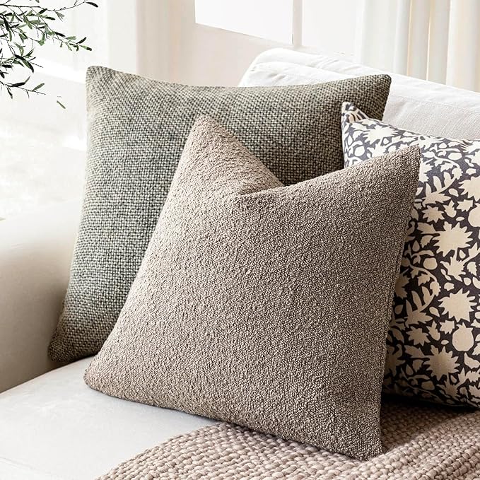 Foindtower Pack of 2 Textured Boucle Throw Pillow Covers Accent Solid Pillow Cases Cozy Soft Decorative Couch Cushion Case for Chair Sofa Bedroom Living Room Home Decor 20x20 Inch Light Taupe