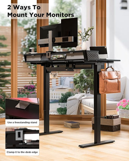FiCiHi Adjustable Height Standing Desk with 4 Drawers,55 x 24 inches Electric Sit Stand Home Office Desk with Two Tiers, 3 Memory Presets, Monitor Stand Riser