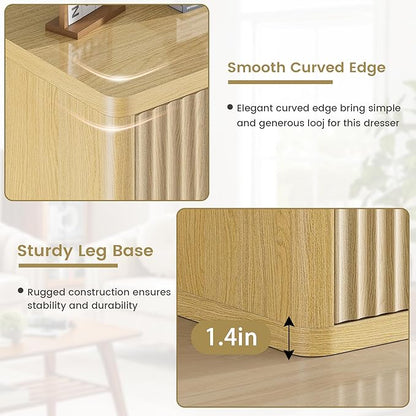 Fluted Dresser with 6 Drawers for Bedroom, 48" Wide Wooden Chest of Drawers with Natural Curved Profile Design, Modern Dresser TV Stand, Wood Closet Clothes Storage Organizer
