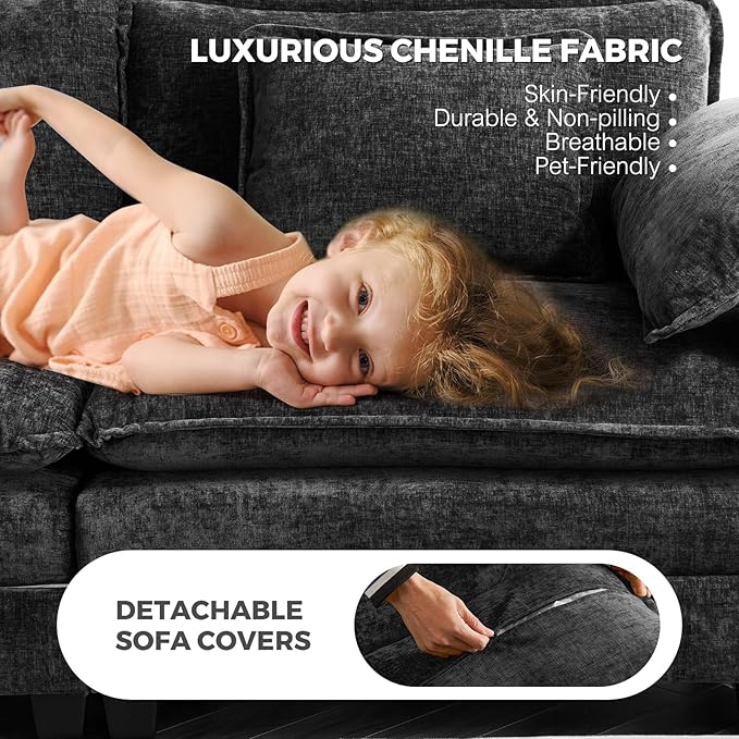 ELUCHANG 150" Modular Sectional Sofa, Comfy Deep Seat Cloud Couch, 6 Seater U Shaped Modern Sofa with Removable Cover for Living Room, Apartment, DIY Combination, Chenille Black