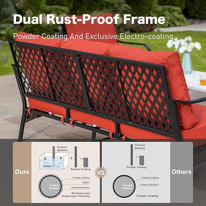 5 Piece Metal Outdoor Patio Furniture Set, Patio Conversation Set with 3-Seater Sofa, Loveseat, 2 Rocking Sofa (5.75" Thick Cushion) & Coffee Table Black Backyard Furniture, Rust Red