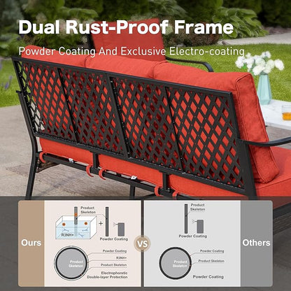 5 Piece Metal Outdoor Patio Furniture Set, Patio Conversation Set with 3-Seater Sofa, Loveseat, 2 Rocking Sofa (5.75" Thick Cushion) & Coffee Table Black Backyard Furniture, Rust Red