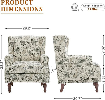 Floral Wingback Accent Chairs Set of 2, High Back Upholstered Armchair, Comfy Fabric Wingback Arms Chairs with Retro Solid Wood Legs, Single Sofa Reading Chair for Bedroom Living Room, Plants Beige