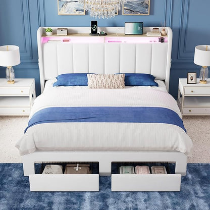 Allewie Velvet Vertical Tufted Queen Upholstered Platform Bed Frame with 2-Tier LED Storage Headboard & 2 Storage Drawers, USB & Type-C Charging Ports, Noise-Free/No Box Spring Needed, White