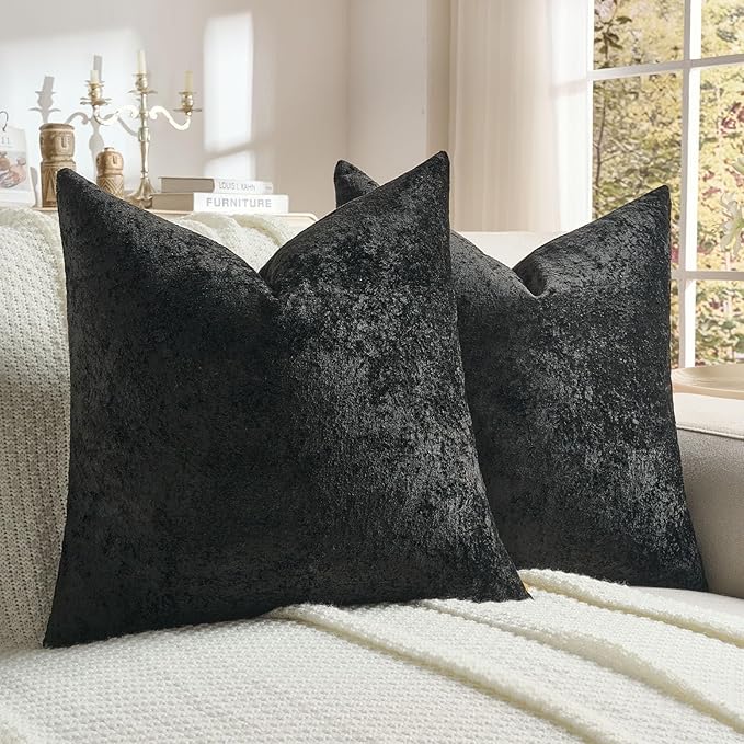 FUTEI Black Flannel Throw Pillow Covers 18x18 Inch Set of 2,Soft Dimensional Textured Cushion Cases,Modern Home Decor for Couch Living Room