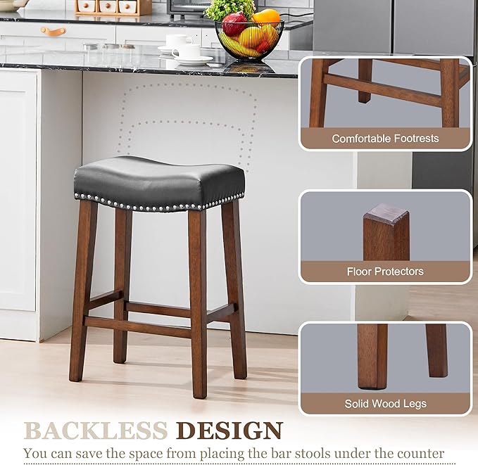 PrimeZone Counter Height Bar Stools Set of 4 - Backless Saddle Barstools with 4.3" Thick Upholstered, Nailhead Trim Faux Leather & Solid Wood Legs, 26 Inch Counter Stools for Kitchen Island, Black