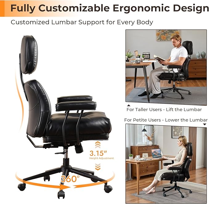 Ergonomic Office Chair Comfy with Lumbar Support, High Back Dark Brown PU Leather Rolling Executive Desk Chair for Home Office & Gaming, 360° Swivel, 300lbs (Black)