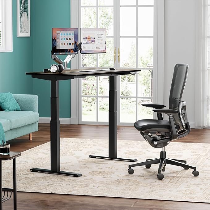3 Stages Dual Motor Electric Standing Desk with One Piece Desktop, 48 x 24 Inch Adjustable Height Sit to Stand Up Desk for Home Office, Work & Study, Black Frame & Brown Desktop (2 Packages)
