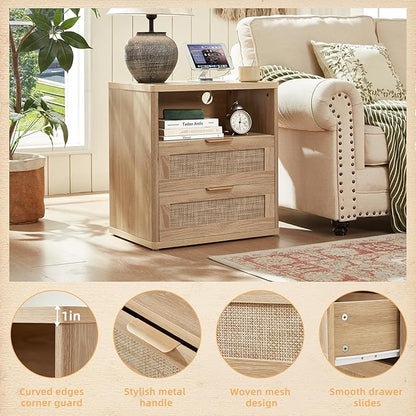 LEYAOYAO Rattan Night Stand with Charger Station, 23" Wide Boho Nightstand with 2 Drawers, Natural Wood Bedside Table Open Storage Cabinet, Bed Side End Tables Dresser for Bedroom, Living Room Hallway