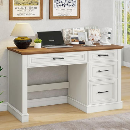 Vabches Farmhouse 47" Executive Desk, Computer Desk with Drawers and File Drawer, Workstation Computer Desk with Charging Station for Home Office,Study,Unique White.
