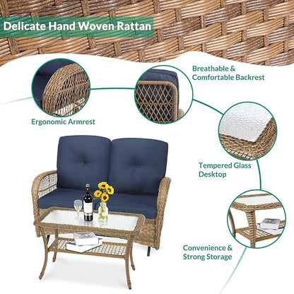 VIVIJASON 2-Piece Patio Wicker Loveseat Glider Set Cushioned, Outdoor Conversation Furniture Sets with 2-Seater Glider Rocking Bench, Coffee Table and Cushions for Porch Garden Poolside, Navy Blue
