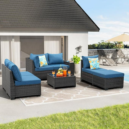 7 Pieces Patio Furniture Set All-Weather Outdoor Wicker Sectional Conversation Sofa Rattan Patio Seating Sofa with Cushion and Glass Table for Porch Poolside,Peacock Blue