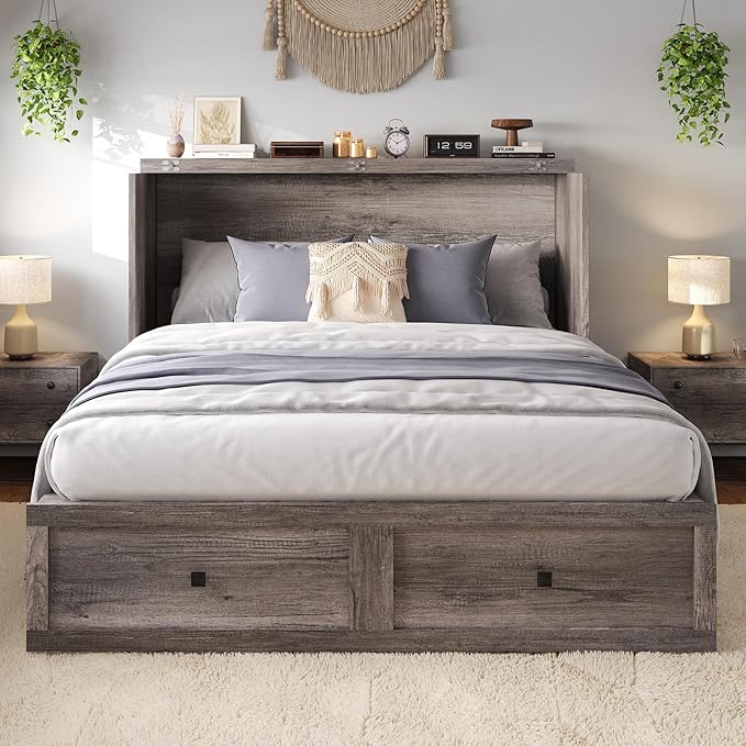Full Murphy Bed Cabinet with Charging Station, Foldable Platform Bed Frame with Drawer, Space-Saving Guest Bed for Home Office or Small Spaces, Rustic Grey