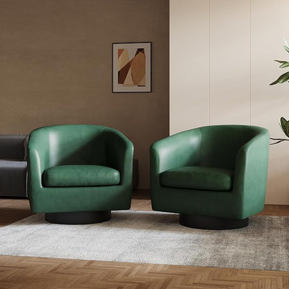 Lumibee Swivel Accent Chairs Set of 2, Faux Leather Swivel Barrel Chairs for Living Room, Modern Comfy Upholstered Round Armchairs Single Sofa Chairs for Bedroom, Club-Green