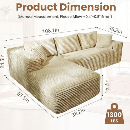 Bashaw 108" Cloud Sectional Couch Sofa with L-Shape Chaise, Modern Modular Sofa Couch Upholstered Couches for Living Room Bedroom, No Assembly Required (Beige, L Shape)