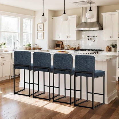 ALPHA HOME 24" Bar Stools Set of 2 Kitchen Counter Stools with Back, Counter Height Stools with Upholstered Footrest for Kitchen Island, Metal Steel Frame, Chenille, Blue