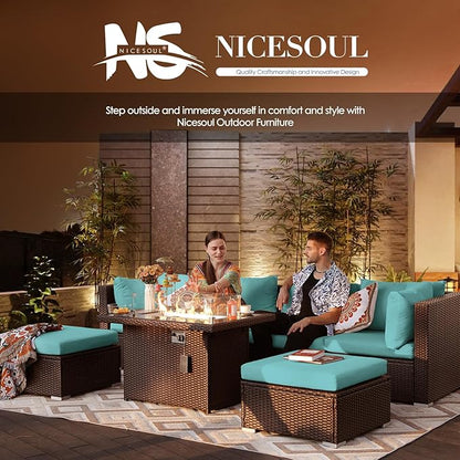 NICESOUL10 Piece Outdoor Couch Furniture Set with Fire Pit Natural Gas/Propane, 29.3'' High Back Luxury Comfortable Conversations, Deep Wide Seating Sofa Sectional, Brown and Turquoise