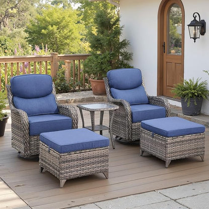 Belord Luxury 6" Thick Cushioned 5 Pieces Patio Furniture Set with 2 Ottomans, Wicker Outdoor Conversation Set with High Back Swivel Rocker Patio Chairs for Deck Porch Yard and Poolside - Grey+Blue