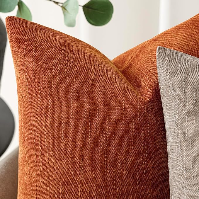Foindtower Pack of 2 Soft Textured Chenille Throw Decorative Pillow Covers Square Accent Solid Cushion Cover Cozy Neutral Farmhouse Pillow Case for Couch Sofa Bedroom Living Room 18x18 Inch,Orange