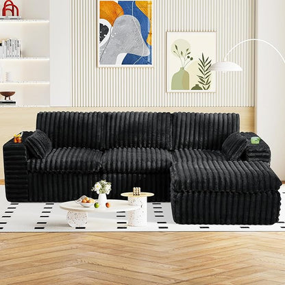 114" Cloud Boneless Sectional Couches for Living Room, Modular Sectional Sofa with Cup Holder, Cozy Fluffy L Shaped Deep Seat Couch with Storage Pocket, No Assembly Required, Dark Black