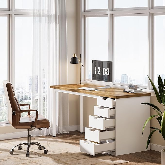 Tribesigns Modern Simple Computer Desk, 47 Inches PC Desk with 5 Reversible Drawers, Rustic Brown Study Writing Table Workstation for Home Office Small Spaces (Walnut+White)